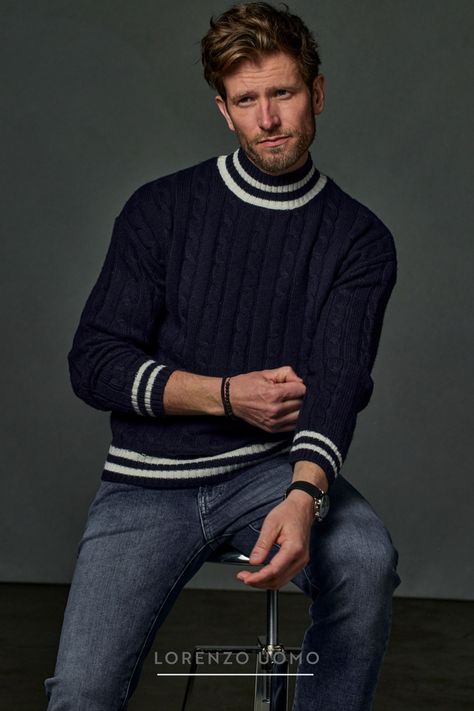 The ultra-luxurious cable knit is crafted with a total of 8 plies of our exclusive. This garment is perfect in every respect—and exudes effortless luxury and pure opulence.  No detail has been spared in designing or in knitting this beautiful, one-of-a-kind, gem. Men Cable Knit Sweater, Men Pants Pattern, Turtleneck Hoodie, Perfect White Shirt, Christmas Outfit Ideas, Winter Streetwear, Winter Street, Hoodie Cardigan, Merino Wool Yarn