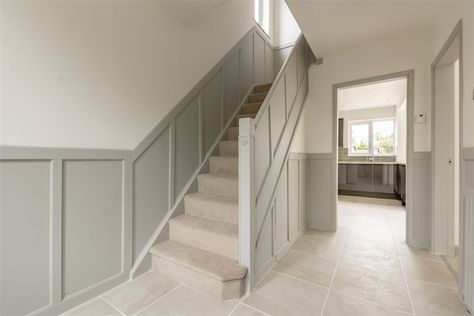 Hallway Simple Panelling, Panel Hallway Stairs, Panelled Banister Ideas, Solid Bannister Ideas, Grey Tile Hallway, Panelled Banister, Wall Banister Ideas, Landing Banister Ideas, Half Wall Stairs