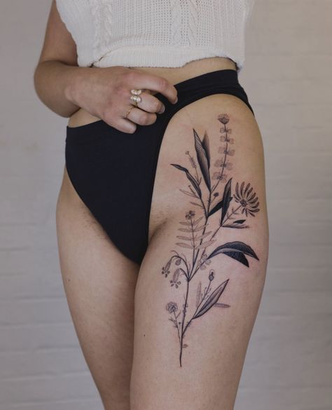 Hip Tattoos, Hip Tattoos Women, Tattoos Women, Swimsuit Edition, Botanical Tattoo, Thigh Tattoos Women, Black Work, Hip Tattoo, Get A Tattoo