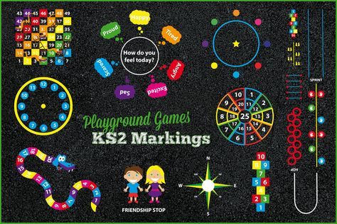 Playground Games Key Stage 2 Markings by PlaygroundMarkings Playground Markings, Playground Painting, Sensory Classroom, Babysitting Activities, Key Stage 2, Playground Games, Kindergarten Design, School Murals, School Playground