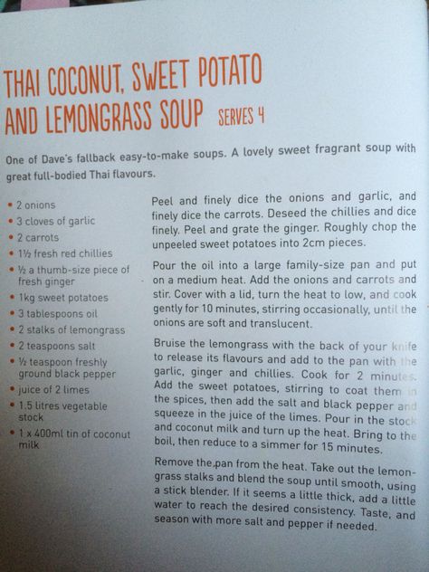 Courtesy of The Happy Pear Sweet Potato Lemongrass Soup, Lemongrass Soup, Thai Coconut, Lemon Grass, The Happy, Garlic Cloves, Sweet Potato, Potato, Carrots