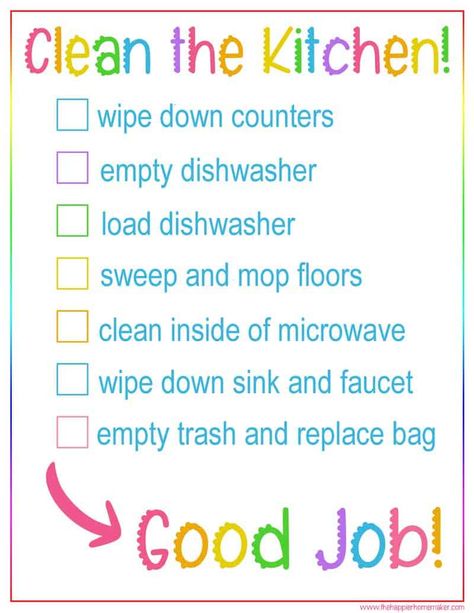 Teaching kids how to clean a kitchen is so important as they grow up. Use this free printable kitchen cleaning checklist for kids to help them get the job done correctly every time! Bathroom Cleaning Schedule, Kids Cleaning Checklist, Bathroom Cleaning Checklist, Kitchen Cleaning Checklist, Clean The Bathroom, Kids Bathroom Colors, Putz Hacks, Cleaning Checklist Printable, Cleaning Printable