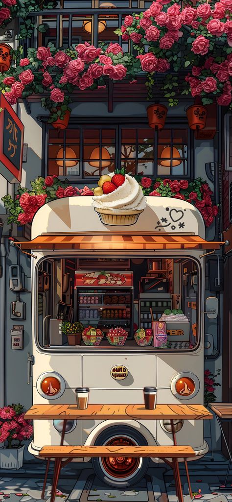 Anime Cafe Aesthetic Wallpaper, Flats Design Interior, Whimsical Art Wallpaper, In Depth Wallpaper, Chill Astethic, Work Wallpaper Iphone, Cafe Art Illustration, Cafe Wallpaper Aesthetic, Phone Booth Drawing