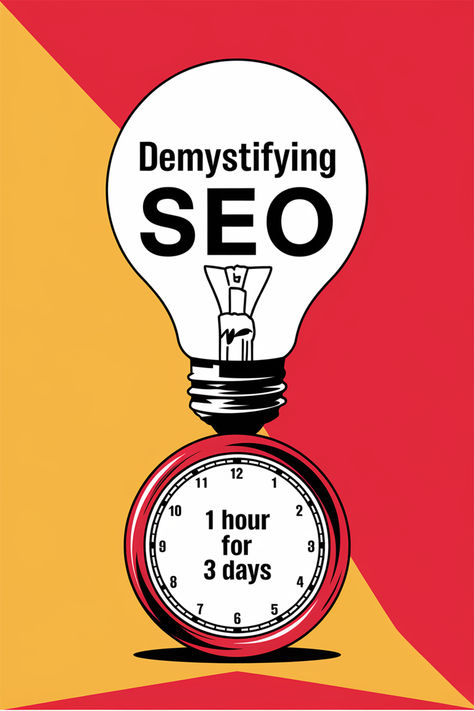 Illustration of a light bulb with the text "Demystifying SEO" above a clock face reading "1 hour for 3 days" on a red and yellow background. Seo Course, Superga 2750, Learn Seo, Seo Expert, Soft Textiles, Seo Marketing, Classic Sneakers, Best Practices, Marketing Tips