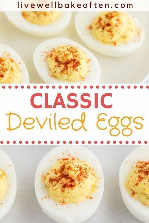 These Classic Deviled Eggs from Live Well Bake Often are easy to make with just a few simple ingredients. Perfect for Thanksgiving, Christmas, holiday gatherings, or even potlucks! This simple recipe does not lack taste! These deviled eggs are just begging to be made! Try them today. Simple Deviled Eggs Recipe, Live Well Bake Often, Classic Deviled Eggs, Deviled Eggs Recipe Easy, Devilled Eggs Recipe Best, Deviled Eggs Recipe Classic, Best Deviled Eggs, Deviled Eggs Easy, Deviled Eggs Classic