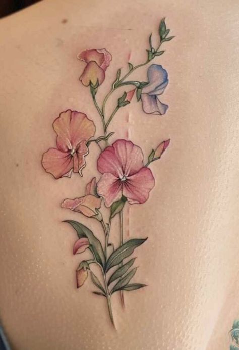 Colorful Sternum Tattoo, Color Fine Line Tattoo, Floral Tatoos, Sweet Pea Flowers Tattoo, Primrose Tattoo, Floral Sternum Tattoo, Sweet Pea Tattoo, Floral Arm Tattoo, Mario Tattoo