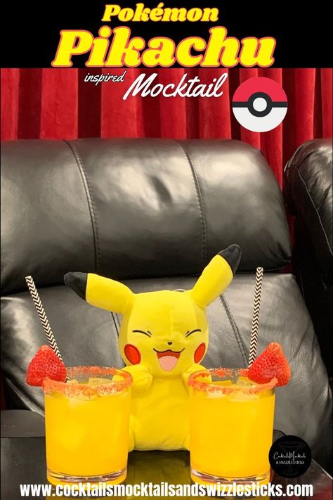 This image shows two yellow drinks with red rim and a red strawberry garnish with a black and white zig zag straw in a home theater with a Pokemon Picachu character Easy Pokemon, Pokemon Cake, Pokemon Theme, Half Birthday, Themed Drinks, Pokemon Party, Pokemon Pikachu, Themed Birthday Party, Food Themes