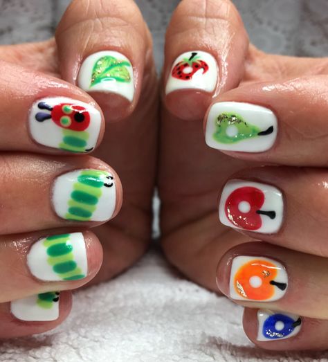 Very Hungry Caterpillar Nail Art, 1st Birthday Nails, The Very Hungry Caterpillar Nails, Librarian Nails, Teletubbies Nails, Cute Funky Nails Simple, Childish Nails, Nail Themes Ideas, Pete The Cat Nails