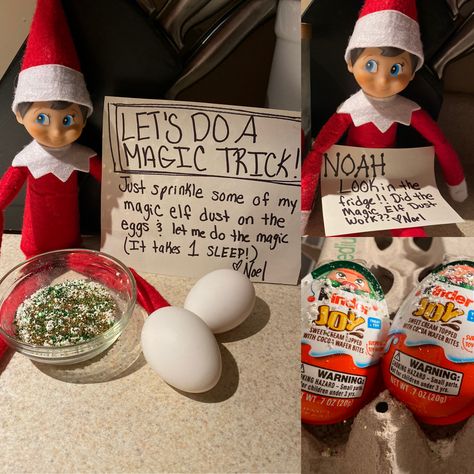 Elf Ideas With Kinder Eggs, Elf On Shelf Kinder Egg, Elf On The Shelf Ideas Kinder Egg, Eggs Elf On The Shelf, Elf On Shelf Eggs, Elf On Shelf Kinder Eggs, Elf On The Shelf Young Kids, Elf On The Shelf Egg Magic, Kinder Egg Elf On The Shelf