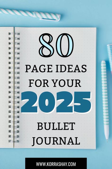 80 page ideas for your 2025 bullet journal! Fun and unique ideas for bullet journaling in 2025! Index Page Bullet Journal, Boju Journal Ideas, Start Of Journal Ideas, Bullet Journal Set Up 2025, Bullet Journal Fun Pages, Unique Bujo Page Ideas, 2025 Bujo Ideas, Dot Journal Page Ideas, Yearly Journal Ideas