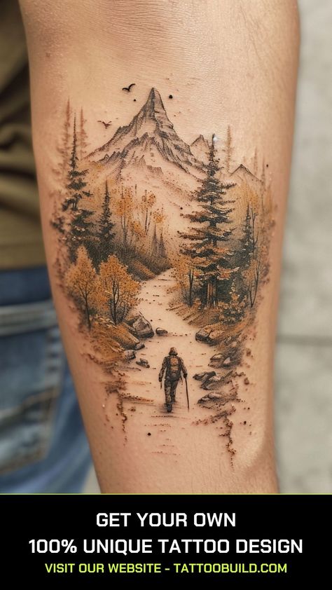 Bear Wilderness Tattoo, Outdoor Arm Sleeve Tattoo, Outdoor Themed Sleeve Tattoos, Yosemite Tatoos, Forest Lake Tattoo, Outline Animal Tattoo, Hiking Sleeve Tattoo, Feminine Mountain Sleeve Tattoo, Mountains Are Calling Tattoo