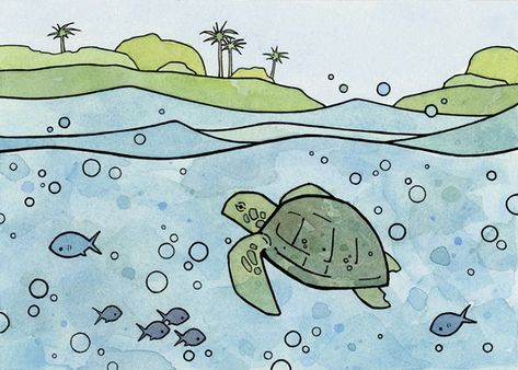 Sea Turtle Illustration, Sea Turtle Drawing, Turtle Illustration, Eclectic Artwork, Fun Art Print, Ocean Illustration, Pirate Decor, Sea Turtle Print, Artsy Ideas