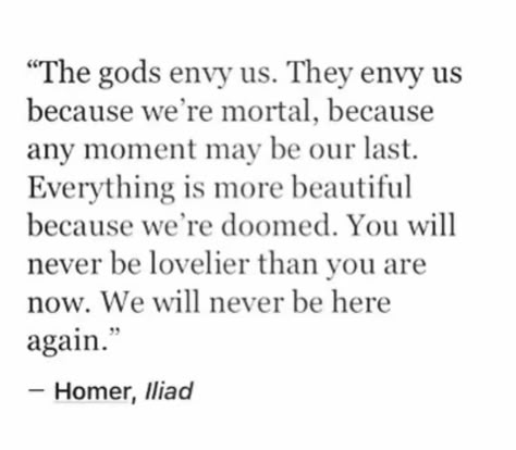 "The gods envy us. They envy us because we're mortal, because any moment may be our last. Everything is more beautiful because we're doomed. You will never be lovelier than you are now. We will never be here again. - Homer, Iliad The Iliad, Quotes And Poems, Literature Quotes, Sylvia Plath, Poems Quotes, Poetry Words, Poem Quotes, Literary Quotes, Not Afraid