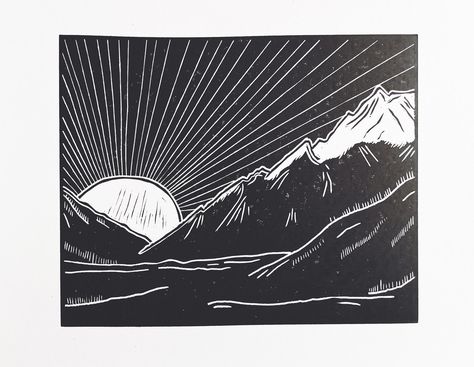 Linocut Prints Mountains, Simple Linoleum Print Ideas, Scrafito Designs, Linoprint Shirt, Linocut Mountains, Lino Print Ideas Simple, Linocut Prints Ideas Simple, Linocut Prints Simple, Clay Therapy