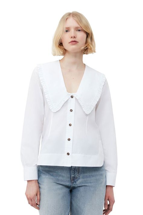 Cotton Poplin V-neck Frill Collar Shirt, Bright White Frill Collar, Size 16 Women, Size 12 Women, White Shirts Women, Iconic Dresses, Size 10 Women, Linnet, Tshirt Skirt, Crop Blouse