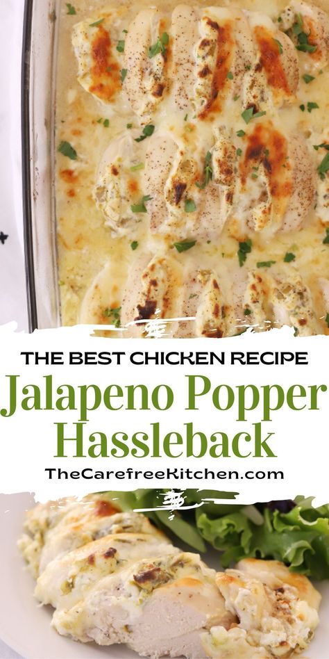 This Jalapeno Popper Hasselback Chicken is an easy baked chicken recipe, perfect for a game day or any weekday meal.  It's loaded with cream cheese, jalapenos, Ranch seasoning, and Monterey Jack Cheese. Jalapeño Cream Cheese Chicken, Jalepeno Chicken Bake, Chicken Jalapeno Recipes, Hasselback Chicken, Baked Peppers, Chicken Melts, Jalapeno Popper Chicken, Jalapeno Popper Recipes, Baked Chicken Recipes Easy