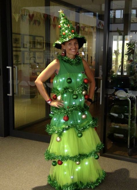 Halloween Christmas Sweater, Crazy Christmas Party Outfits, Diy Christmas Tree Costume Women, Crazy Christmas Costumes, Christmas Tree Dress Up, Ugly Christmas Outfit Ideas, Tacky Christmas Party Outfit, Diy Christmas Tree Dress, Christmas Theme Outfit Ideas