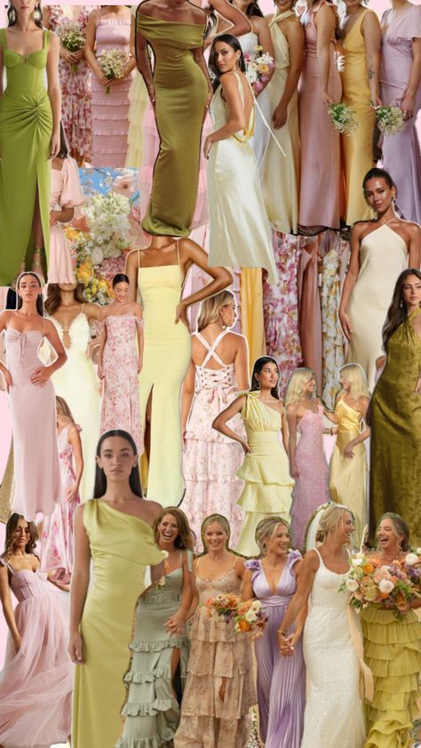 Pink And Yellow Bridesmaid Dresses, Bridesmaid Dresses Yellow, Bridesmaid Dresses Green, Bridesmaids Colors, Sorority Girls, Dresses Yellow, Bridesmaid Colors, Yellow Bridesmaid Dresses, Color Schemes Colour Palettes