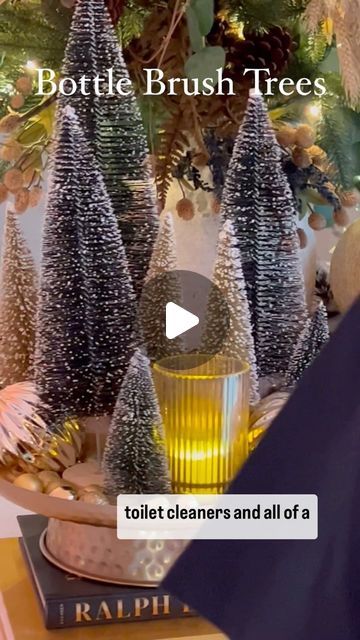 Decorating With Bottle Brush Trees, Bottle Brush Tree Centerpiece, Spray Painted Bottles, Bottle Brush Christmas Trees, Tree Centerpieces, Holiday 2024, Bottle Brush Tree, Brush Trees, Brush Tree