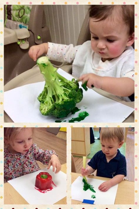 Painting With Vegetables Preschool, Preschool Food Theme Activities, Garden Crafts For Infants, Growing Gardens Crafts For Toddlers, Growing Gardens Infant Theme, Nutrition Theme Preschool, Painting With Vegetables, Toddler Vegetables, Infant Curriculum