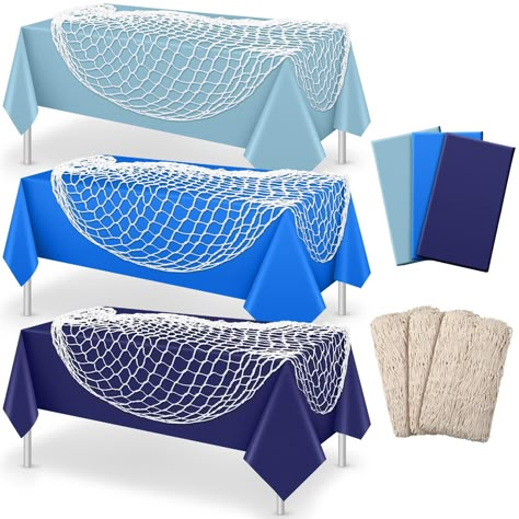 PRICES MAY VARY. What You Will Receive: 3 pcs of decorative fishing nets in white and 3 pcs of table cloth plastic cover, an ideal set for many parties to set off the party atmosphere; The size of the rectangle table cover is about 54 x 108 inches, and the fishnet measures about 39.4 x 78.7 inches Exquisite Design: the set of fishnet and tablecloth and plastic table cover is an eye catching party additions, good for nautical themed party, baby shower, birthday party, mermaid themed parties, merm Sea Theme Table Setting, Clam Bake Party Decorations, 1st Wedding Anniversary Decorations, Whale Birthday Party Decorations, Fishing Themed 30th Birthday Party, Cruise Bridal Shower Theme, Pirate Theme Centerpieces, Pirate And Mermaid Birthday Party Decoration, Fishing Retirement Party Decorations