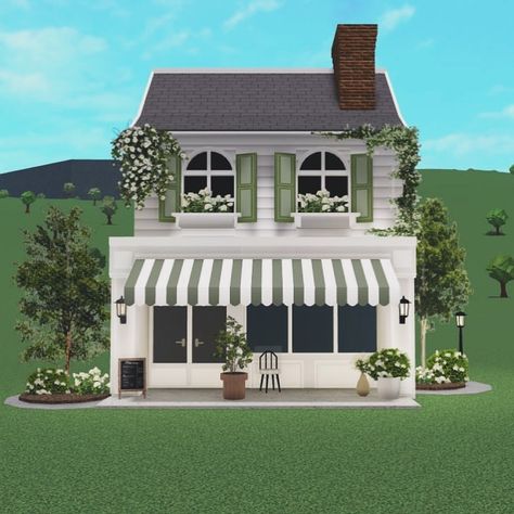 Bloxburg House on Instagram Cottage Houses Aesthetic, Bloxburg Green House Ideas, Bloxburg Multiple Floors Layout, Roblox City Ideas, Town House Exterior Bloxburg, Bloxburg House Ideas Layout Cottage, Blockburg Town Layouts, Bloxburg House With Layout, Bloxburg Cafe Ideas Outside