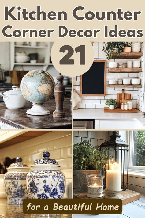 Looking for ways to style those empty kitchen counter corners? Check out these 21 creative decor ideas to make your kitchen functional and fabulous. From potted plants to mini herb gardens, find inspiration for every style! #KitchenDecor #HomeOrganization #KitchenStyle #CountertopDecor #InteriorInspiration Styling A Kitchen Counter Corner, Styling Kitchen Countertops Corner, How To Decorate Corner Kitchen Counter, Kitchen Counter Corner Organization, Countertop Corner Ideas, Kitchen Counter Farmhouse Decor, Counter Top Decoration Ideas, Decorating Corner Kitchen Counter, Corner Kitchen Counter Ideas