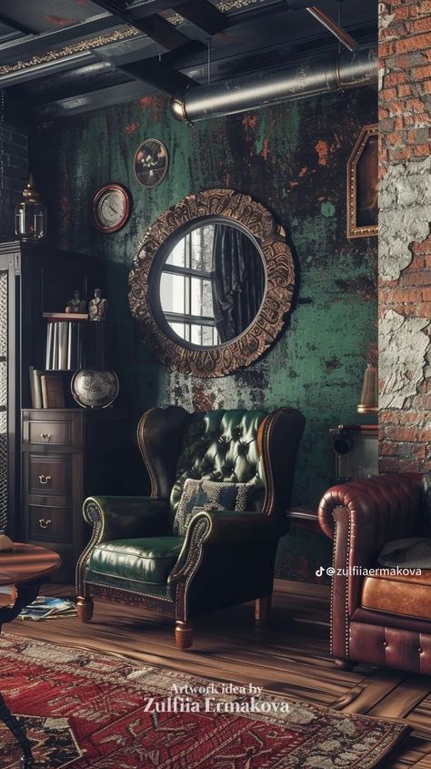 Steampunk Living Room Decor, Steampunk Office Decor, Steampunk Living Room, Vintage Office Design, Bar Lounge Room, Steampunk Interior, Loft Style Interior, Cars Room, Pub Decor