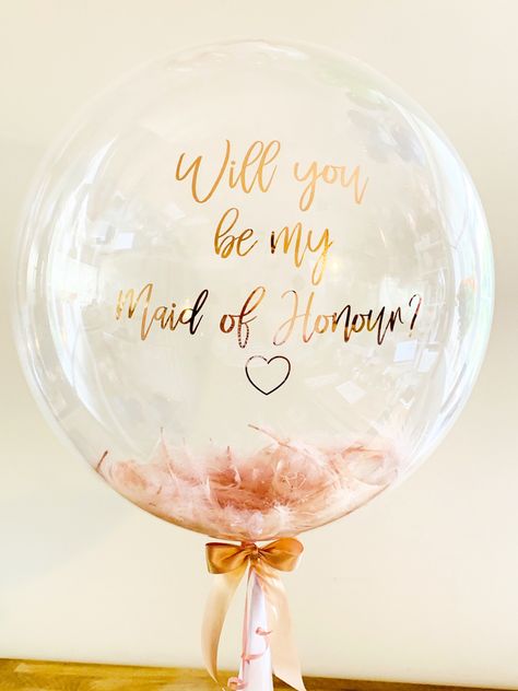 Rose Gold Feather filled bubble deco balloon, will you be my maid of honour bridesmaid wedding proposal, engagement, personalised helium balloon delivered balloon in a box Bridesmaid Proposal Balloon, 28th Wedding Anniversary, Balloon Arch Diy, Bridesmaids Proposal, Beautiful Balloons, Balloon Designs, Balloon Company, Bridesmaid Ideas, Mini Balloons