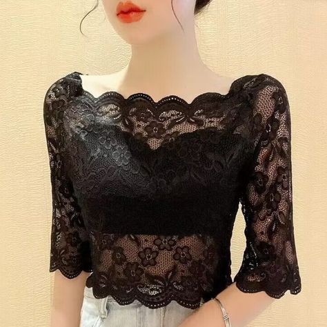 Lace Blouse Black, Floral Lace Blouse, Womens Lace Tops, Black Lace Blouse, Half Sleeve Blouse, White Long Sleeve Top, Summer Crop Tops, Cropped Tops, Embroidery Lace