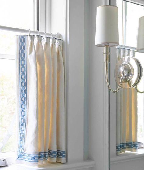 Jenkins Interiors, Curtain Designs For Bedroom, Curtain Trim, White Trellis, Drapery Designs, Custom Drapes, Up House, Cafe Curtains, Window Dressings