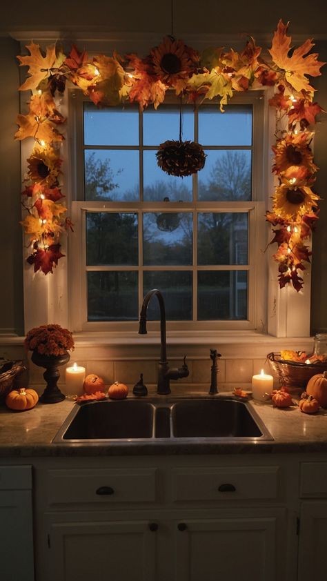 Transform your home into a cozy autumn haven with these creative fall Thanksgiving decor DIY ideas From table centerpieces to candle arrangements Hobby Lobby finds to front porch accents living room updates to outdoor farmhouse touches kitchen and porch revamps to modern twists - discover endless inspiration for a warm and inviting seasonal space Kitchen Window Fall Decorations, Kitchen Thanksgiving Decor, Thanksgiving Home Decor Ideas, Thanksgiving Dinner Ideas Decorations, Fall Home Decor Ideas Living Rooms, Thanksgiving Decorations Kitchen, Cozy Fall Decor Kitchen, Thanksgiving Interior Design, Thanksgiving Decor Living Room