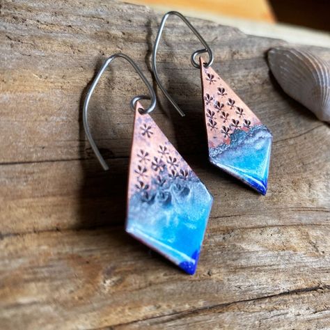 BlueFinnStudio - Etsy UK Hammered Copper Jewelry, Earwires Handmade, Copper Enameling, Enameling Jewelry, Blue Enamel Earrings, Starfish Pattern, Metal Etching, Fine Sand, Enameled Copper