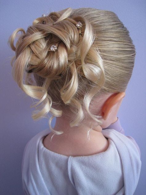 http://www.babesinhairland.com/2011/04/feather-braided-bun-2.html Kids Hair Styles For Wedding, Kids Up Do, First Communion Hairstyles With Crown, Flower Girl Bun Hairstyles, Junior Bridesmaid Hair Updo, Updo With Tiara, Kids Wedding Hairstyles, High Bun Braid, Wedding Hairstyles For Kids