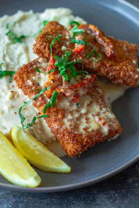 Finished dish of Parmesan-Crusted Tofu plated with lemon sauce, sundried tomatoes, and fresh basil Asian Dishes Vegetarian, Vegan Calamari, Crusted Tofu, Savory Foods, Tofu Recipe, Tofu Dishes, Sundried Tomatoes, Parmesan Crusted Chicken, Parmesan Crusted