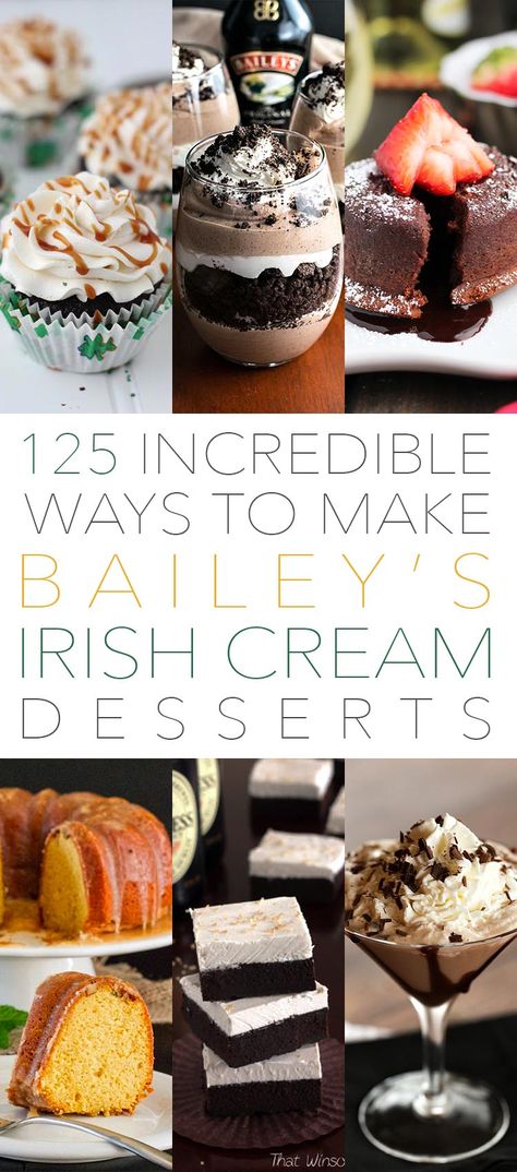 Warning:  You are going t be HUNGRY and craving something creamy and sweet after you check out these 125 Incredible Ways To Make Baileys Irish Cream Desserts.  St. Patrick’s Day is right around the corner and if you are looking for the perfect sweet treat to celebrate the Day Of GREEN…you just found 125 of … Desserts Made With Bailey's Irish Cream, Irish Cream Desserts, Baileys Dessert, Baileys Irish Cream Recipes, Irish Cream Cake, Irish Cream Recipe, Irish Desserts, Baileys Recipes, Molten Lava Cakes