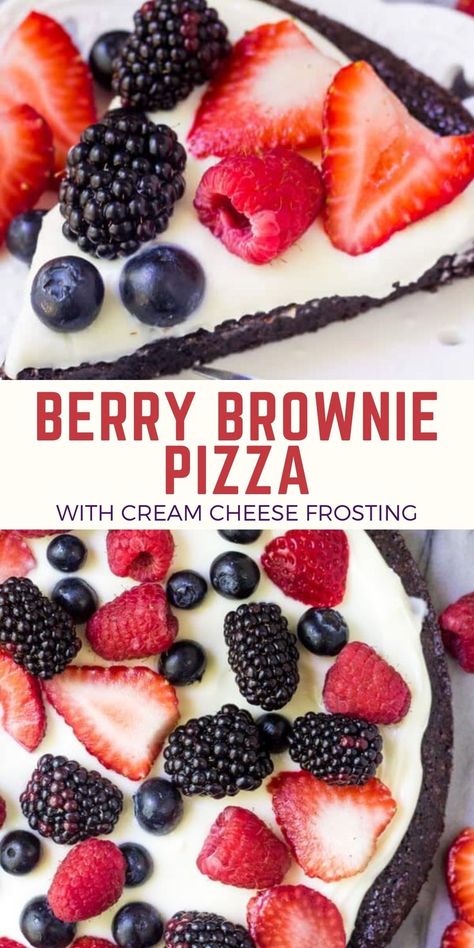 With a brownie base, cream cheese frosting as the sauce and tons of fresh berries on top - this brownie berry pizza makes for a deliicous dessert #berries #brownie #fruitpizza #chocolatefruitpizza #from Just So Tasty Chocolate Fruit Pizza, Berry Pizza, Brownie Pizza, One Bowl Brownies, Cream Cheese Topping, Cream Cheese Eggs, Very Berry, Fruit Pizza, With Cream Cheese Frosting