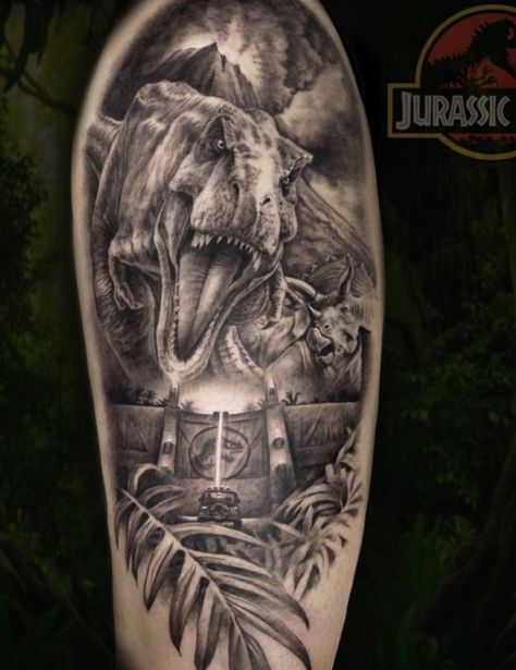 Jurassic Park Tattoo Andy Tattoo, Jurassic Park Tattoo, Jeep Tattoo, T Rex Tattoo, Jurassic Park T Rex, Jurassic Park Logo, Full Leg Tattoos, Stitch Tattoo, Dinosaur Tattoos