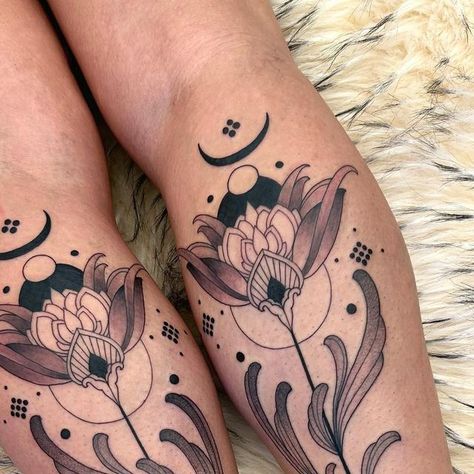 Upper Calf Tattoo Women, Behind Calf Tattoo For Women, Symmetrical Calf Tattoo, Matching Calf Tattoos, Ornamental Shin Tattoos For Women, Leg Tattoos Ornamental, Symmetrical Floral Tattoo, Symmetrical Flower Tattoo, Woman’s Calf Tattoo