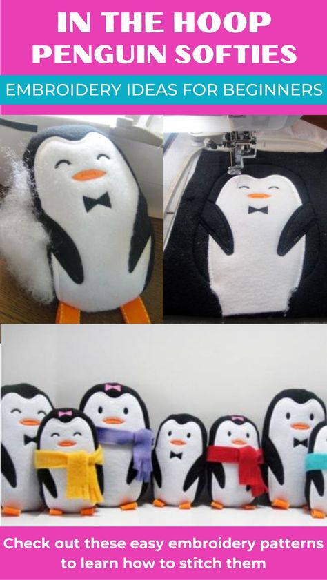 If you're looking for a fun and unique project to create with your embroidery machine, consider making in-the-hoop (ITH) penguin softies! These cute and cuddly stuffed animals can be made entirely in the hoop of an embroidery machine and customized with your own fabric and color choices. Ith Stuffed Animals, Machine Embroidery Projects To Sell, In The Hoop Embroidery Projects Free, In The Hoop Embroidery Projects, Ith Machine Embroidery Projects, Ith Embroidery Projects, Machine Embroidery In The Hoop, In The Hoop Projects, Free Embroidery Patterns Machine