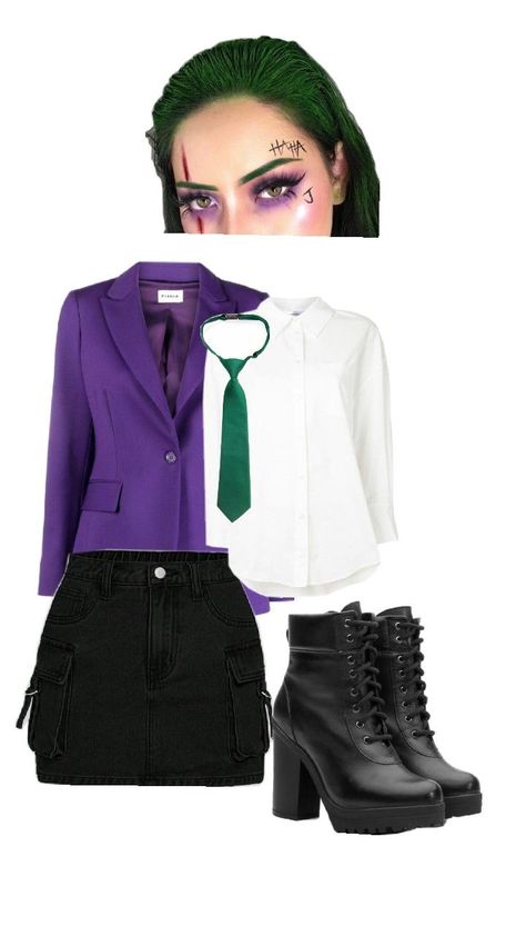 joker Joker Outfit Ideas Female, Joker Costume Diy Female, The Joker Female Costume, The Joker Girl Costume, Joker Girl Costume, Joker Halloween Costumes Female, Joker Costume Girl, Dark Knight Joker Costume, Joker Costume Female Outfit