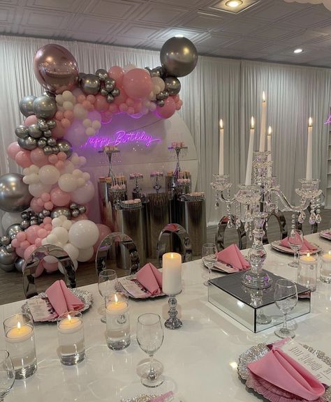 Pink Sneaker Ball Party, 16 Birthday Dinner Ideas, Pink White And Silver Sweet 16 Decorations, 21st Birthday Set Up Ideas, Sweet 16 Party Ideas Pink And Silver, Sweet 16 Set Up, Sweet 16 Decorations On A Budget, Sweet 16 Sneaker Ball Party Ideas, Big Birthday Dinner