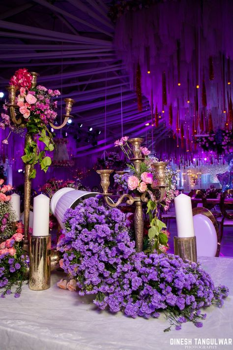 Pink And Purple Event Decor, Purple Outdoor Wedding Decor, Purple Sangeet Decor, Purple Flower Decor, Purple Theme Wedding Decorations, Purple Decor Wedding, Purple Flower Decorations, Purple Reception Decor, Purple Event Decor