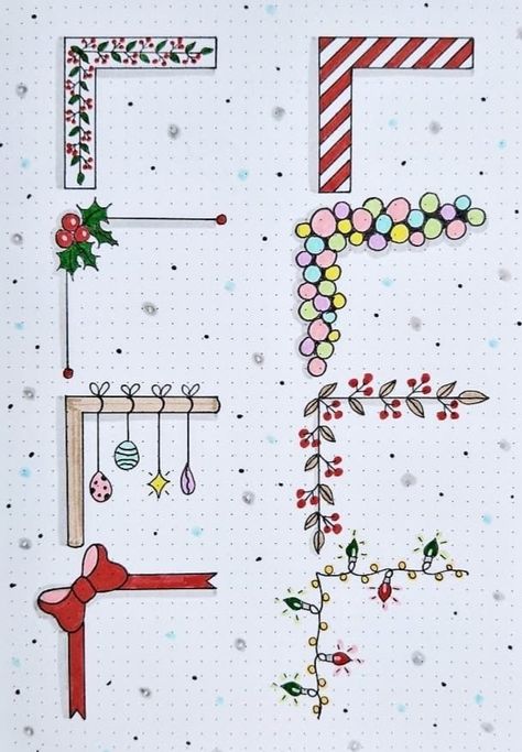 Calendar Doodles Ideas January, Christmas Doddle Aesthetic, December Journal Ideas Aesthetic, Christmas Letter Design Ideas, Christmas Lights Bullet Journal, December Journal Spread, Christmas Bullet Journal Pages, December Scrapbook Ideas, Journal December Ideas