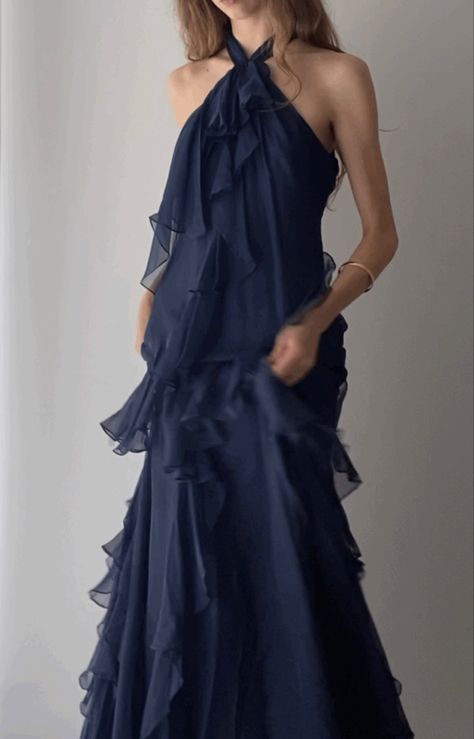 Blue Dress With Ruffles, Navy Blue Dress Aesthetic, Dark Blue Flowy Dress, Weird Prom Dress, Navy Blue Prom Dress Long, Navy Blue Silk Dress, Flowy Ruffle Dress, Blue Graduation Dresses, Black Tie Outfits