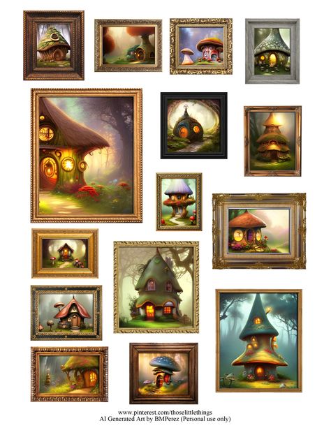 Printable Dollhouse Miniatures 1:12 Scale - AI Art Fairy Gnome Mushroom House Paintings Framed Art Dollhouse Decor 1/12 Scale - Free Digital Collage Sheet - Free Printable #freeprintable #printableminiatures #printabledollhouseminiatures #aigeneratedart #fairyhouse #mushroomhouse Minitures Printable Furniture, 1 12 Scale Miniatures Printables Free, Free Miniature Printables 1:12, Doll House Printables, Free Dollhouse Printables, Printable Dollhouse Miniatures, Free Printable Dollhouse, Fairy Mushroom House, Monster High Crafts