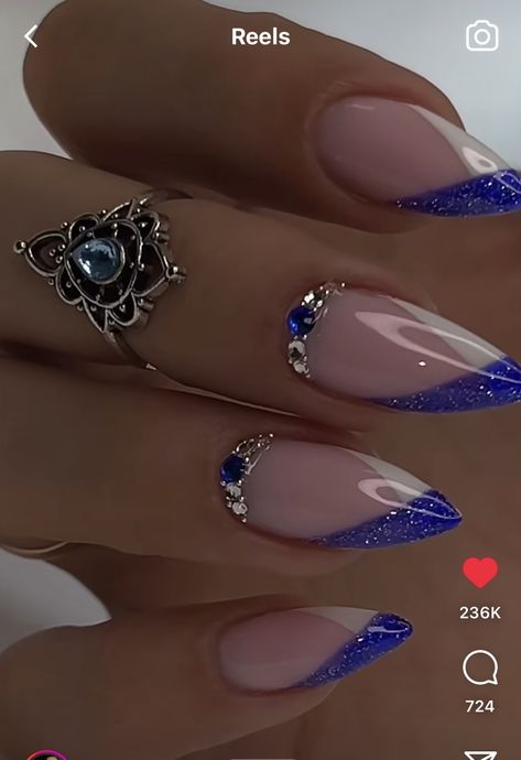 Navy Nails With Rhinestones, Blue And Champagne Nails, Blue Nails Elegant, Navy Blue And Silver Almond Nails, Royal Blue Nail Designs Ideas, Royal Blue And Silver Nails Almond, Blue And Silver French Tip Nails, Royal Blue Nails Almond Shape, Cute Royal Blue Nails