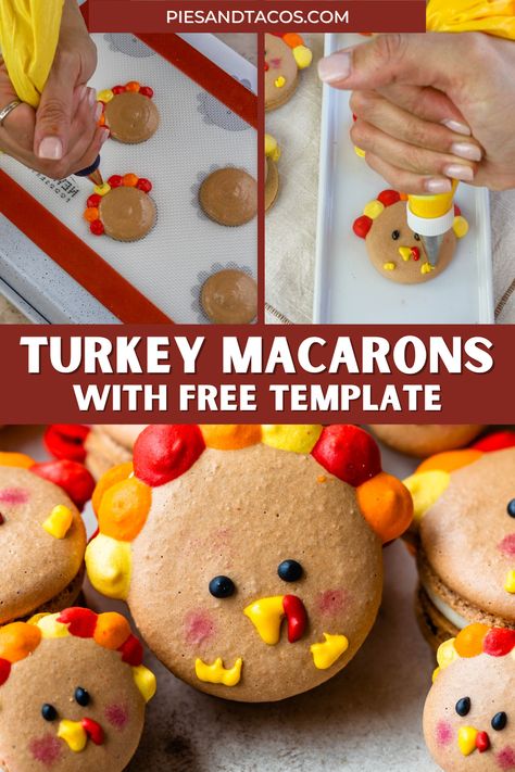 Turkey Macarons with a free template, filled with Maple Buttercream and Cranberry Sauce. Thanksgiving Macaron Flavors, Turkey Macarons, Thanksgiving Macarons, Macaroon Template, Pies And Tacos, Turkey Template, Maple Buttercream, Macaron Template, Macarons Recipe