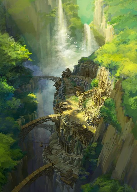 Mining Village Concept Art, Fantasy Cliff Village, Cave Village Fantasy Art, Jungle Village Concept Art, Mines Concept Art, Mountain Village Concept Art, Cliff Concept Art, Mine Concept Art, Fantasy Mine