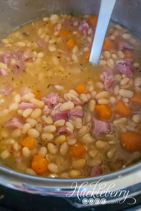 Instant Pot Ham and Navy Bean Soup - HUCKLEBERRY LIFE Ham And Bean Soup Instant Pot Recipes, Instant Pot Ham And White Bean Soup, Instant Pot Navy Beans And Ham Hocks, Instant Pot Ham Hock And Beans, Instant Pot 15 Bean Soup With Ham Bone, Instant Pot Navy Bean Soup With Ham, Instapot Navy Beans And Ham, Pressure Cooker Bean Soup, Navy Bean And Ham Soup Instant Pot